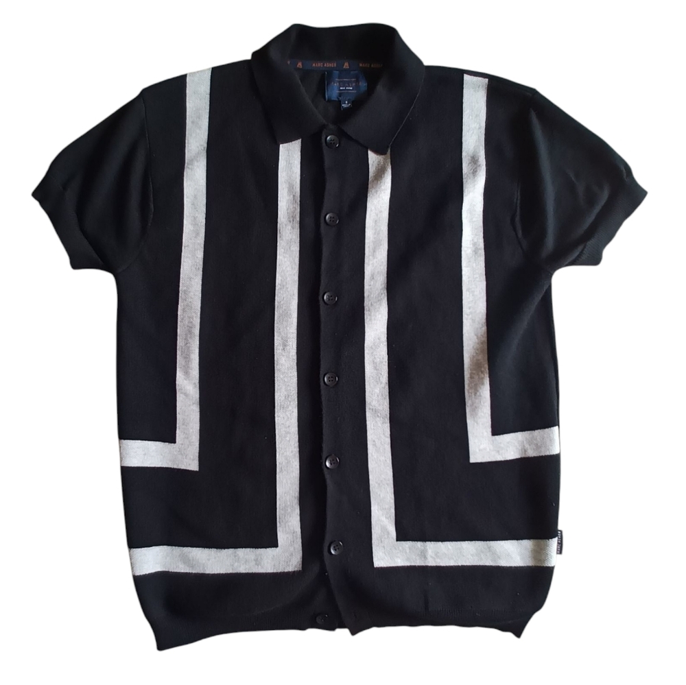 Marc Asher Mens Black and Gray Geometric Button-Up Short Sleeve Sweater S